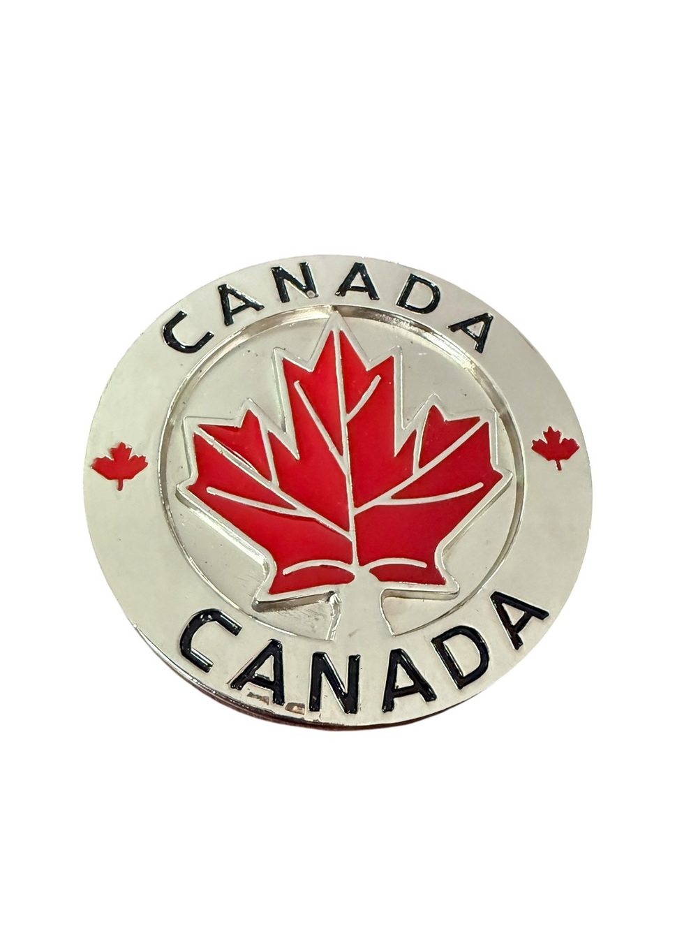 Vintage Canada Flag Round Belt Buckle Maple Leaf Chrome Silver Tone & Red
